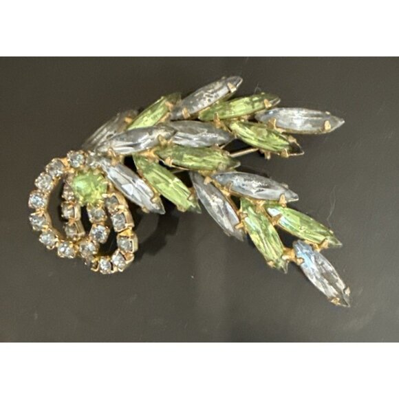 Vintage Brooch  Faux Rhinestone Pin Green and Blue  2.5” - Picture 6 of 6